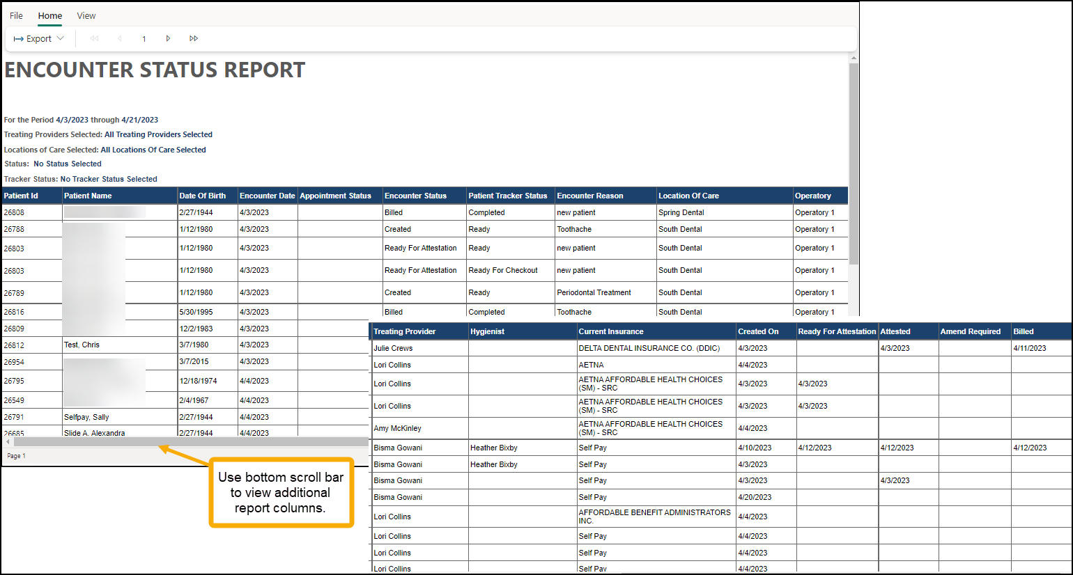 Encounter Status Report example with yellow text box indicating to use bottom scroll bar to view additional columns.